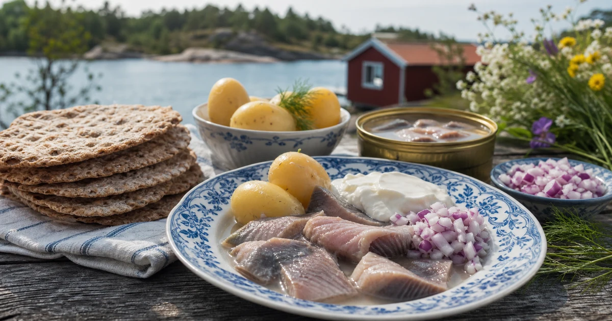 Swedish surstromming fermented herring served outdoors with flatbread potatoes and onion