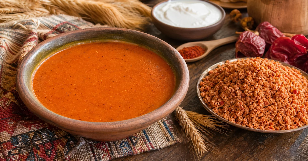 Bowls of red tarhana soup beside dried fermented tarhana crumbs wheat and yogurt