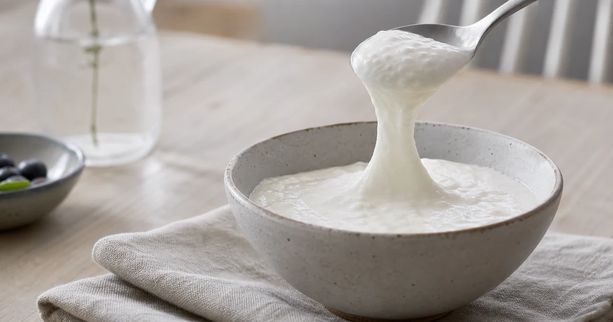 Thick Finnish viili cultured milk stretching from a spoon in a ceramic bowl