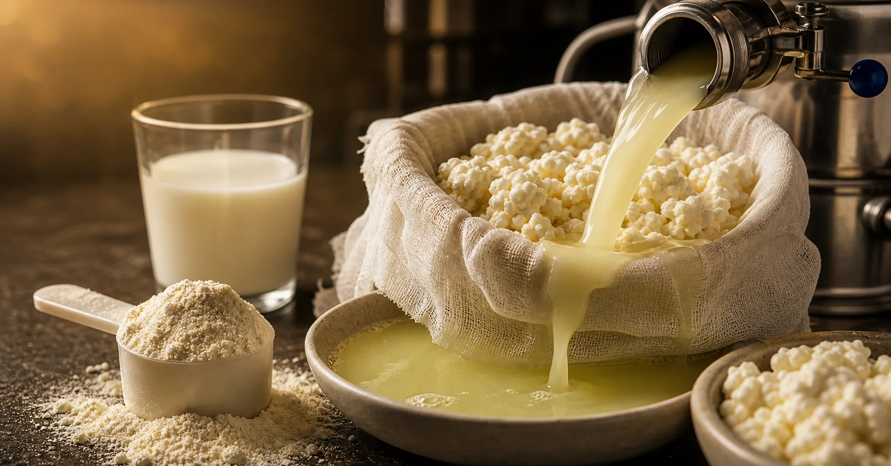 Cheese curds, liquid whey, and whey protein powder showing whey protein dairy origins