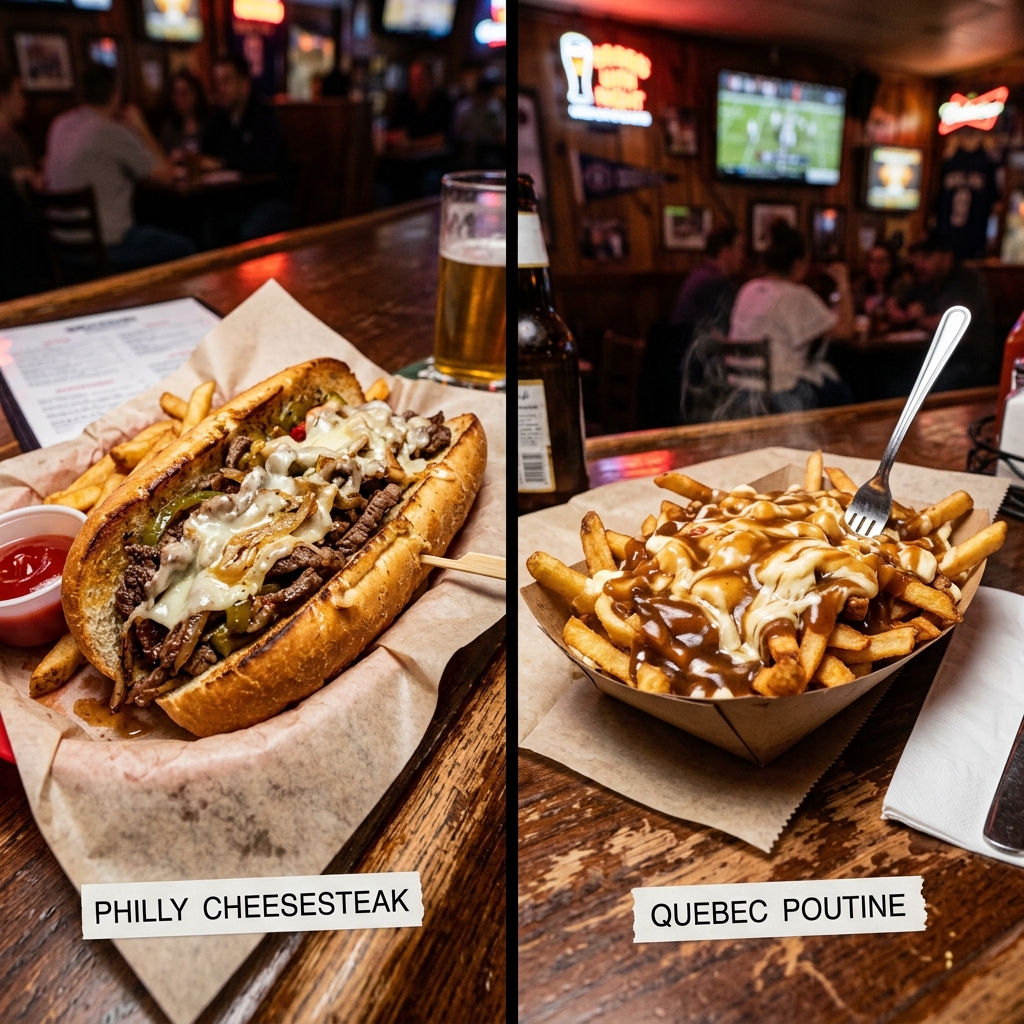 A split comparison showing a Philadelphia cheesesteak on the left and a hot Quebecois poutine with gravy on the right.
