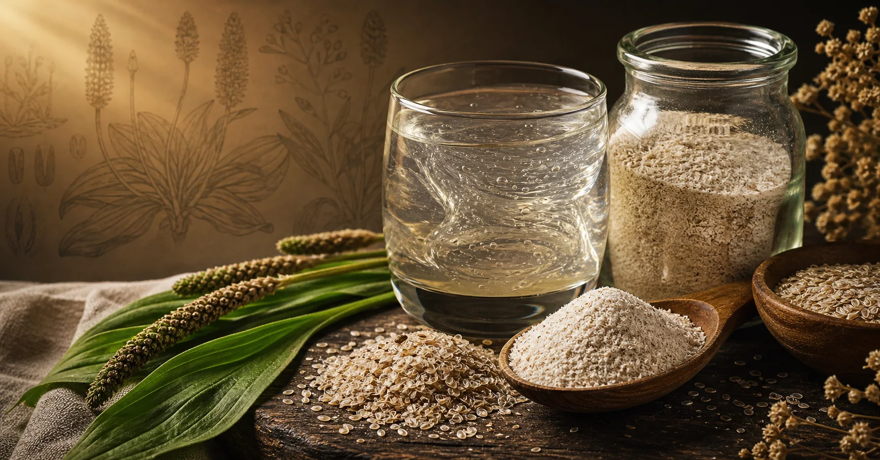 Psyllium husk powder, Plantago seed husks, apothecary glass, and a water gel swirl