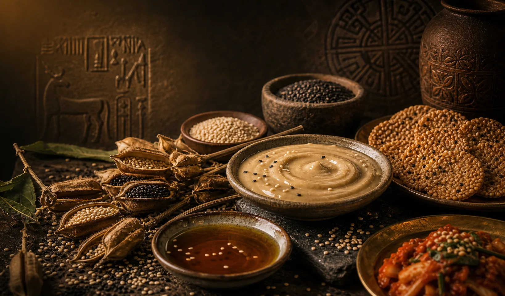 Sesame pods, tahini, sesame oil, and benne wafers arranged as a premium food-history still life