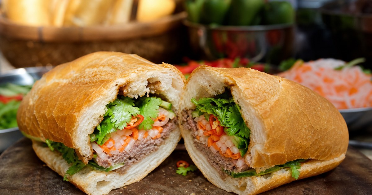 Editorial still life of banh mi with related pantry items