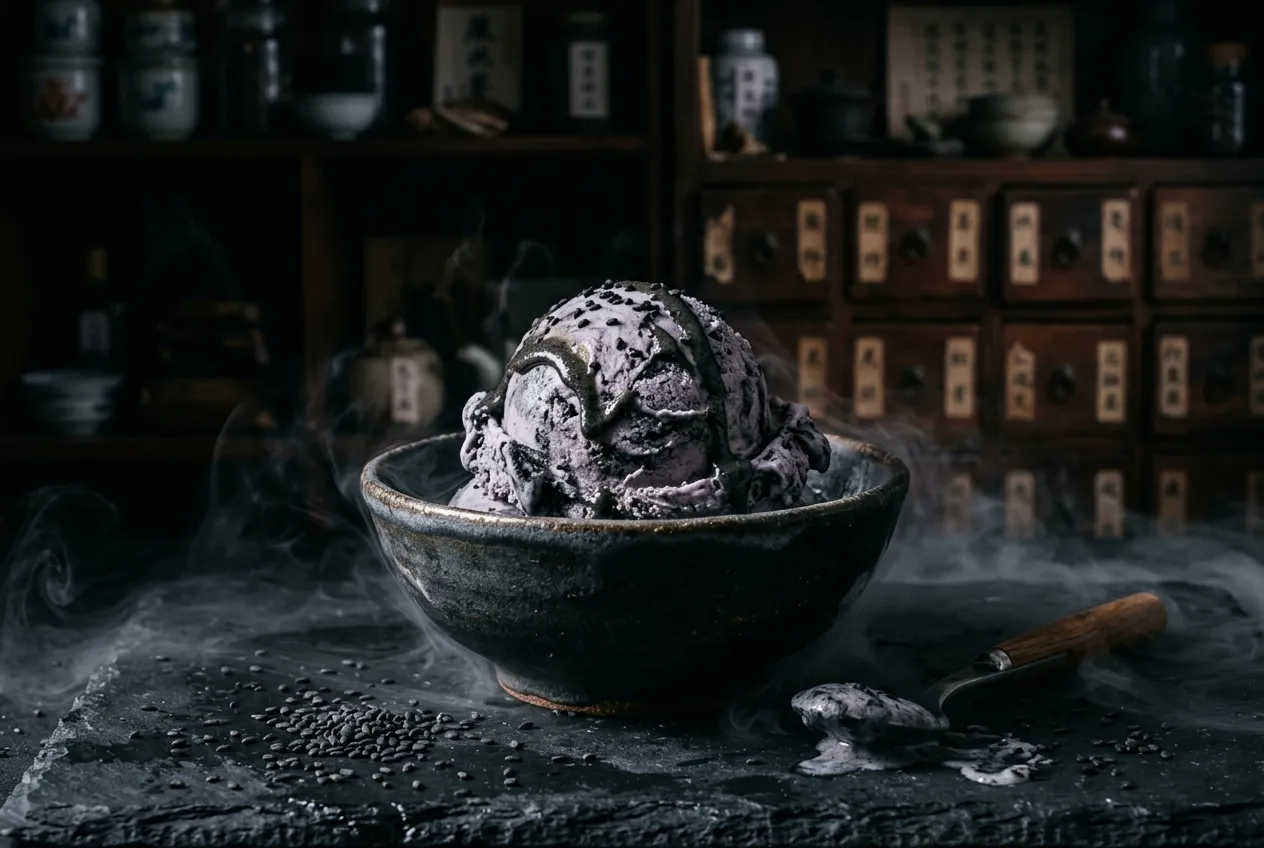 Scoop of deep charcoal-grey black sesame ice cream in an artisanal ceramic bowl with scattered black sesame seeds and mist, ancient Chinese medicine shop behind