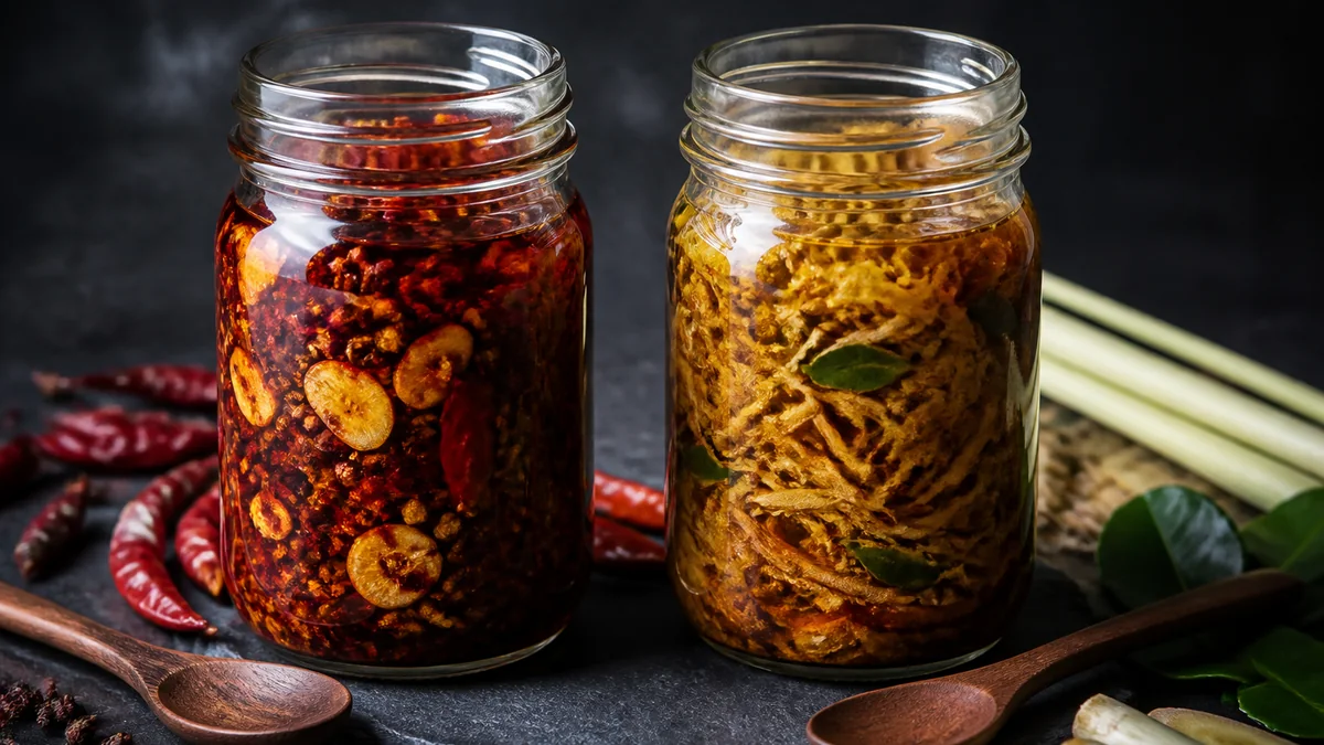 Two unlabeled jars of chili crisp on slate: red Sichuan chili oil with fried garlic beside golden Cambodian-style crunch with lemongrass and lime leaf