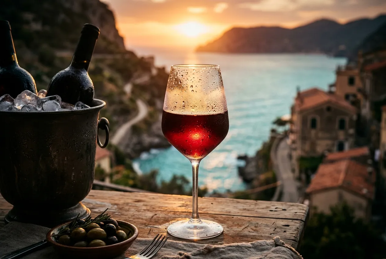 Glass of chilled red wine with condensation droplets on a Mediterranean terrace at sunset with coastline and ice bucket