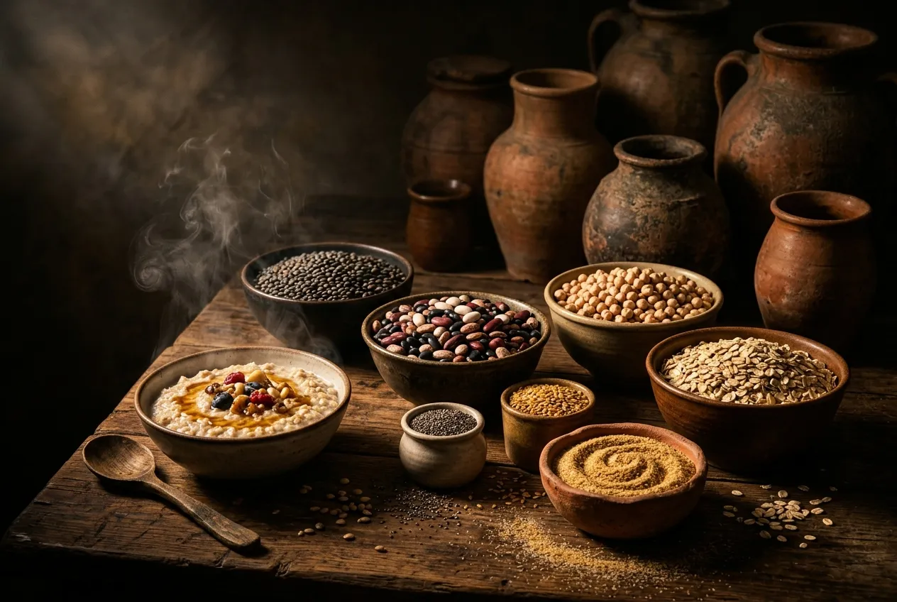 Oat grains and porridge-ready rolled oats styled as an ancient-grains fibermaxxing still life