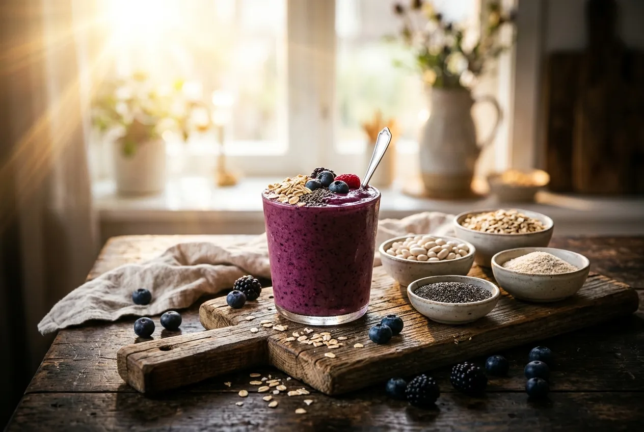 Thick purple berry high-fiber smoothie topped with oats, chia seeds and blueberries on a rustic wooden board with bowls of white beans, chia and psyllium in morning sunlight