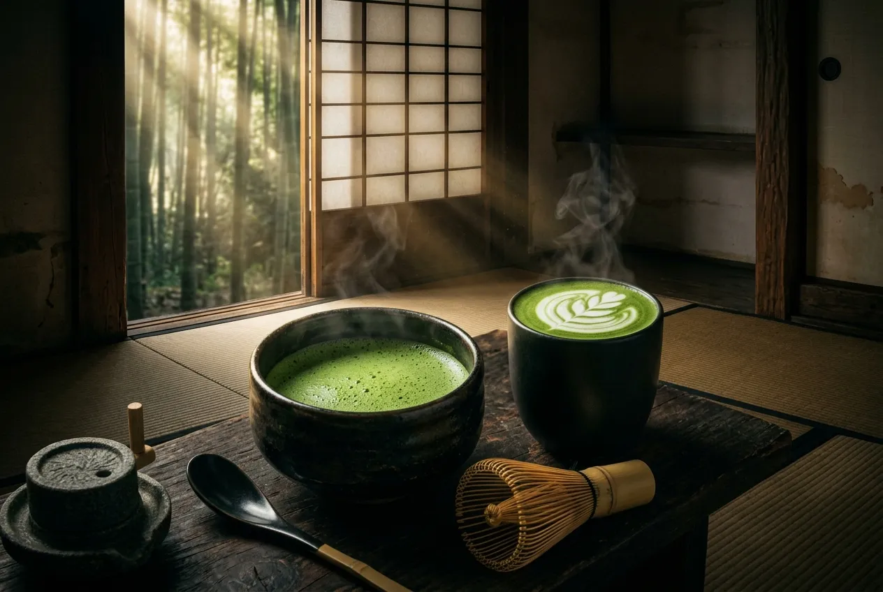 Layered strawberry matcha latte with pink strawberry base and green matcha foam in a clear glass