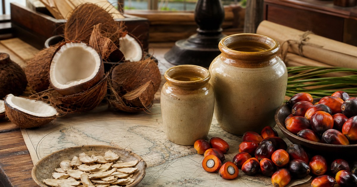 Editorial still life of coconut with related pantry items
