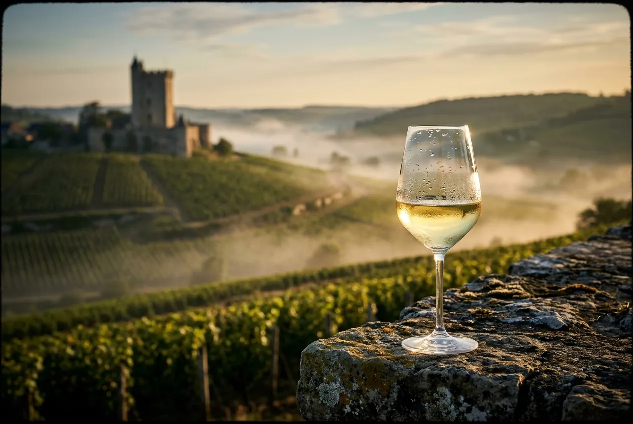 Glass of pale Sancerre rosé wine with Loire Valley vineyards and limestone soils in soft light