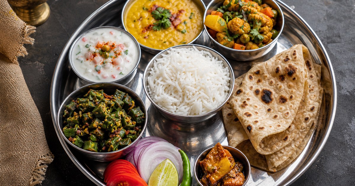 Thali ingredients and finished dish arranged in natural light