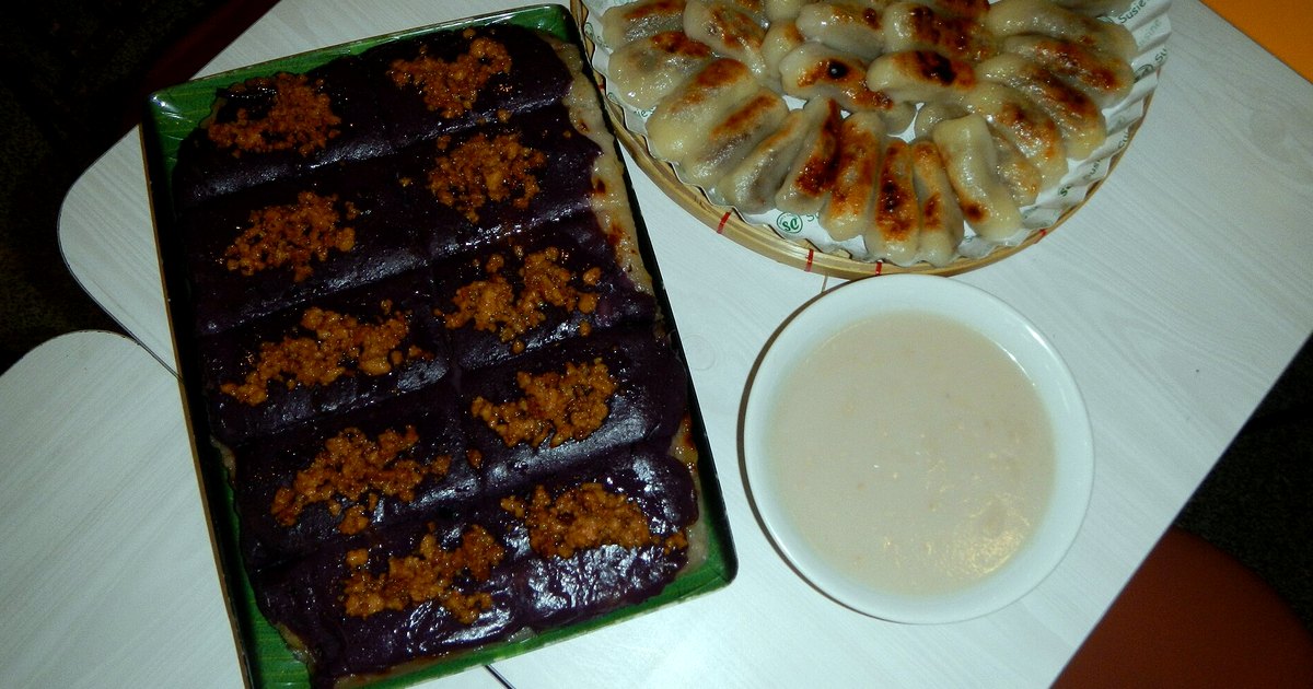 Ube ingredients and finished dish arranged in natural light