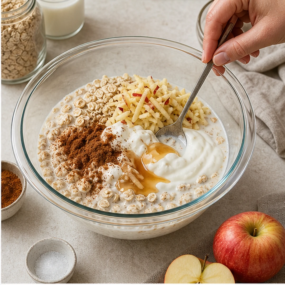 Mix for Apple-Cinnamon Overnight Oats, showing the ingredients and preparation at this stage