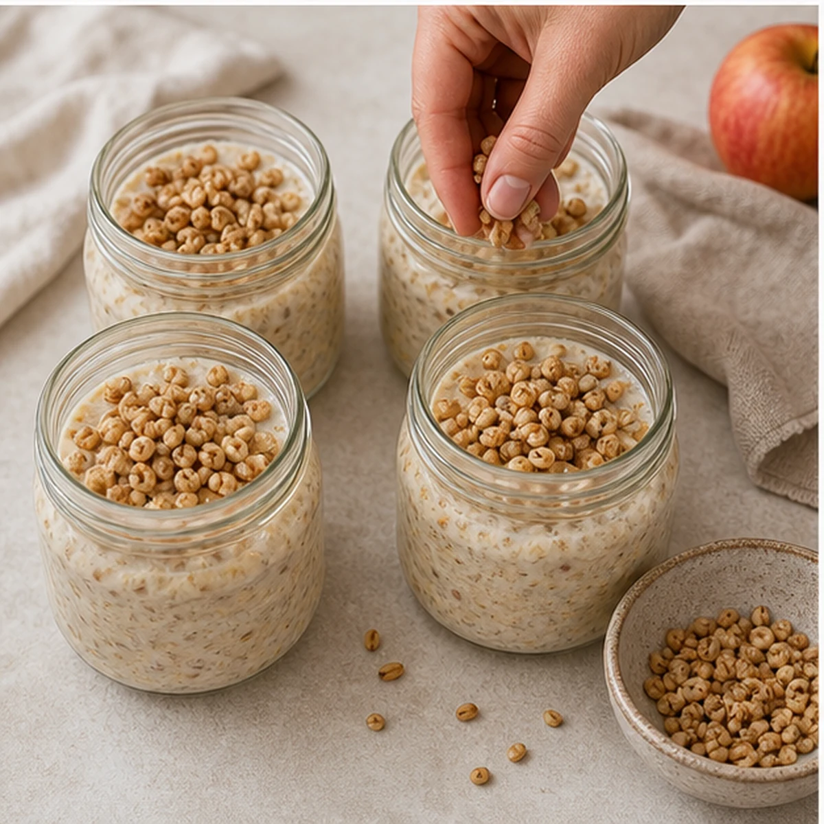Portion for Apple-Cinnamon Overnight Oats, showing the ingredients and preparation at this stage