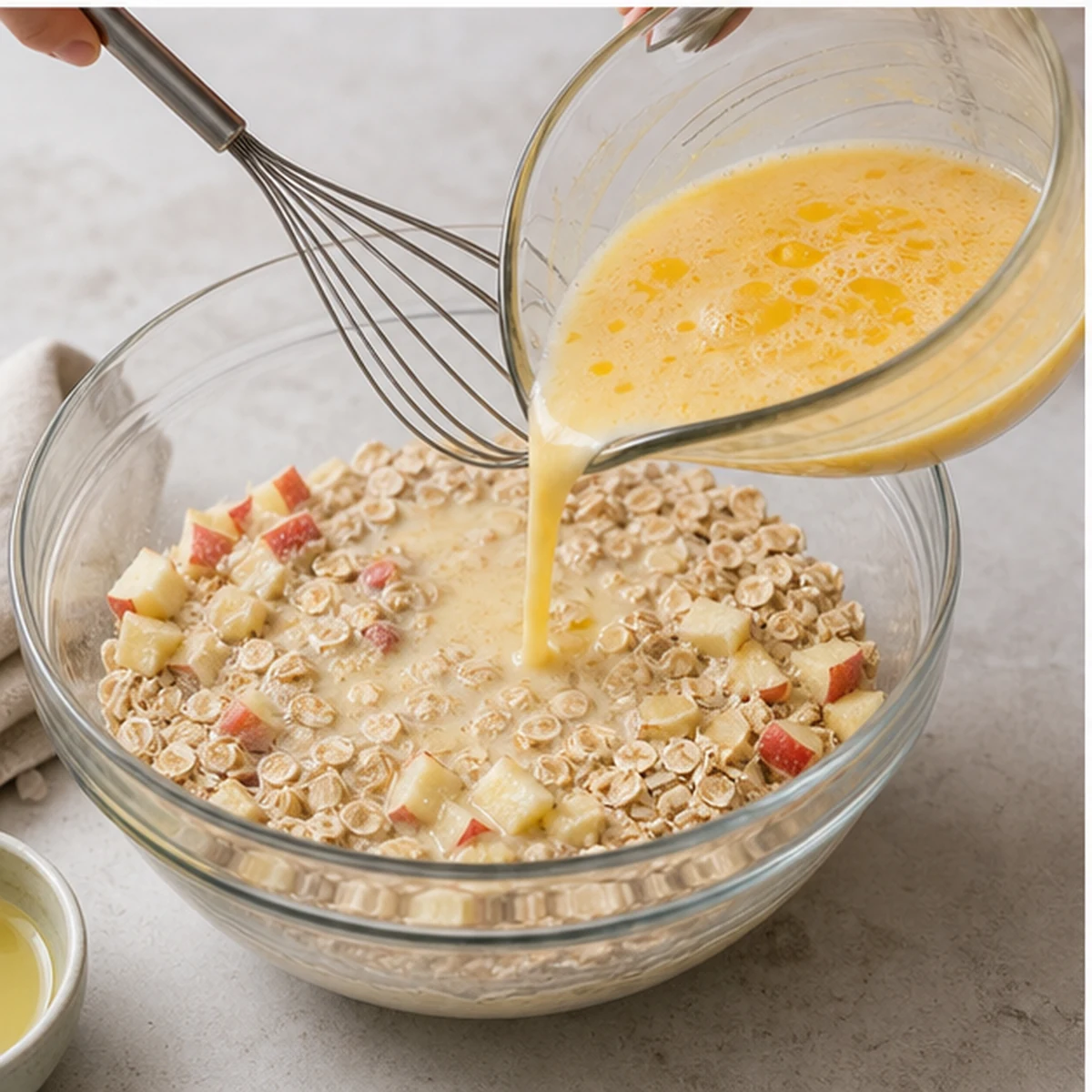 Add the custard for Apple Oat Breakfast Bake, showing the ingredients and preparation at this stage