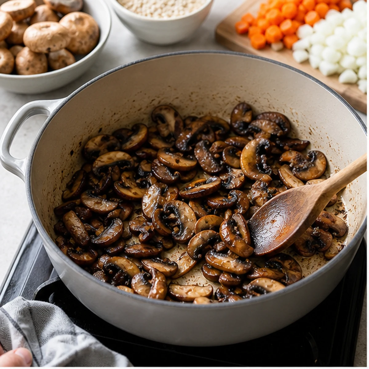Brown the mushrooms for Barley Mushroom Soup, showing the ingredients and preparation at this stage
