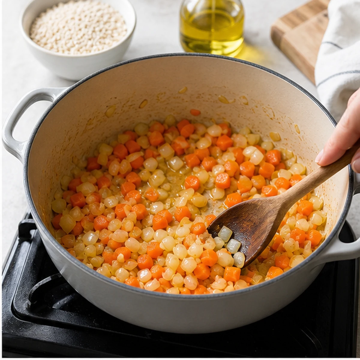 Build the base for Barley Mushroom Soup, showing the ingredients and preparation at this stage