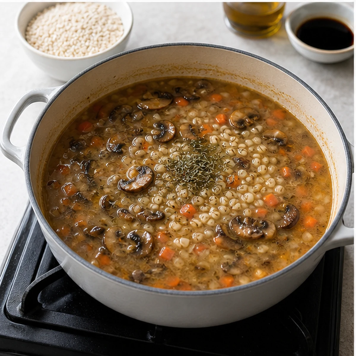 Simmer for Barley Mushroom Soup, showing the ingredients and preparation at this stage