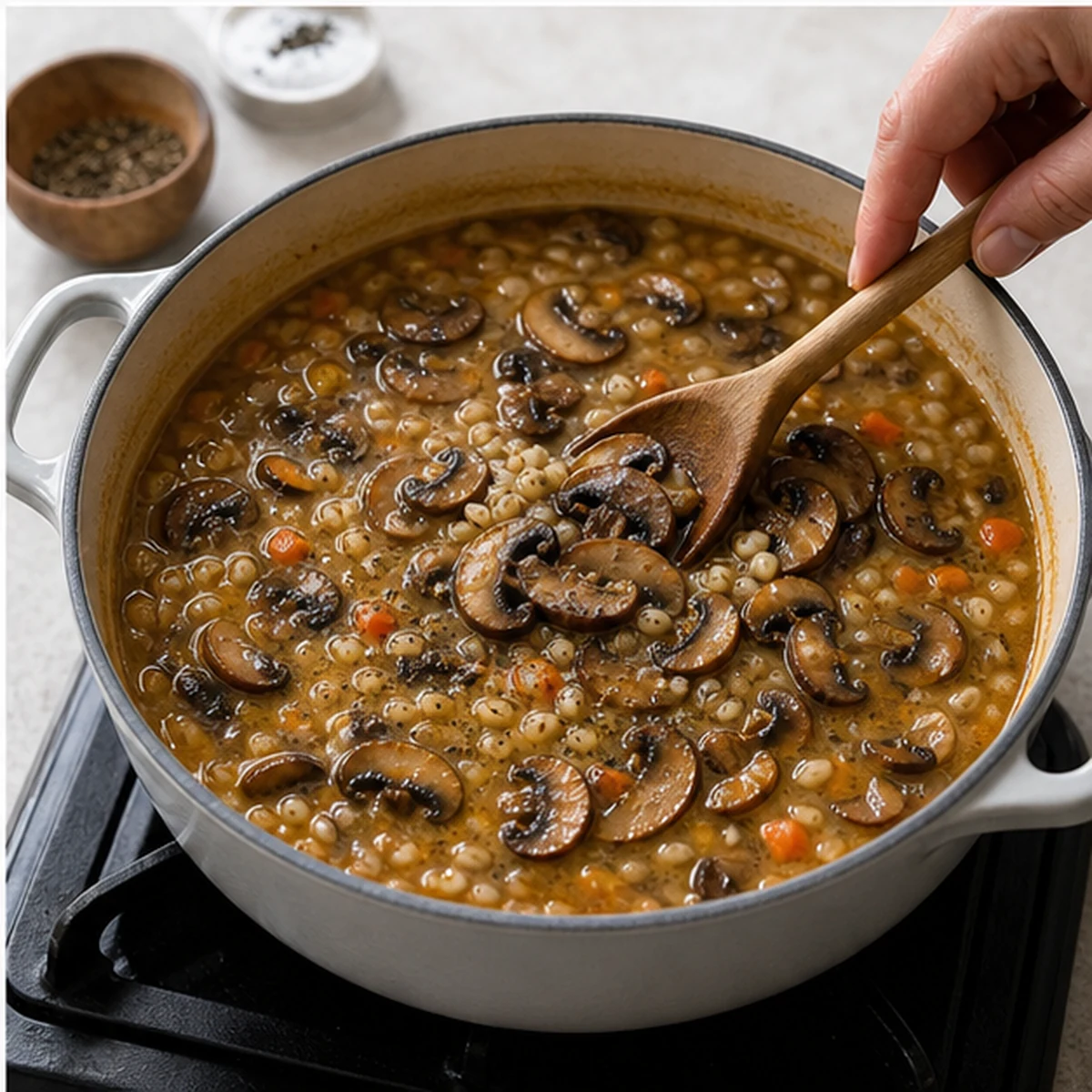 Finish for Barley Mushroom Soup, showing the ingredients and preparation at this stage