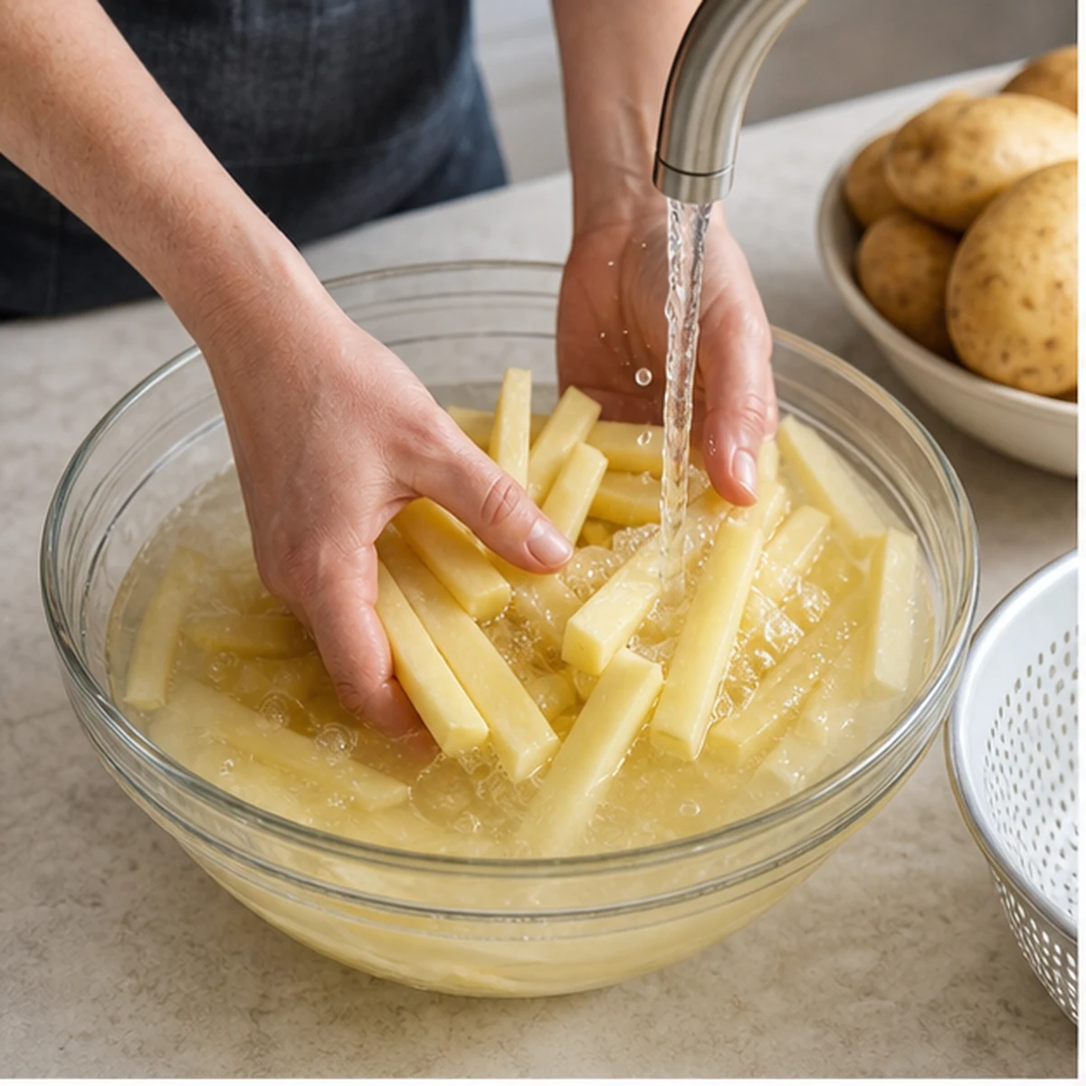 Cut and rinse for Beef-Tallow Fries, showing the ingredients and preparation at this stage