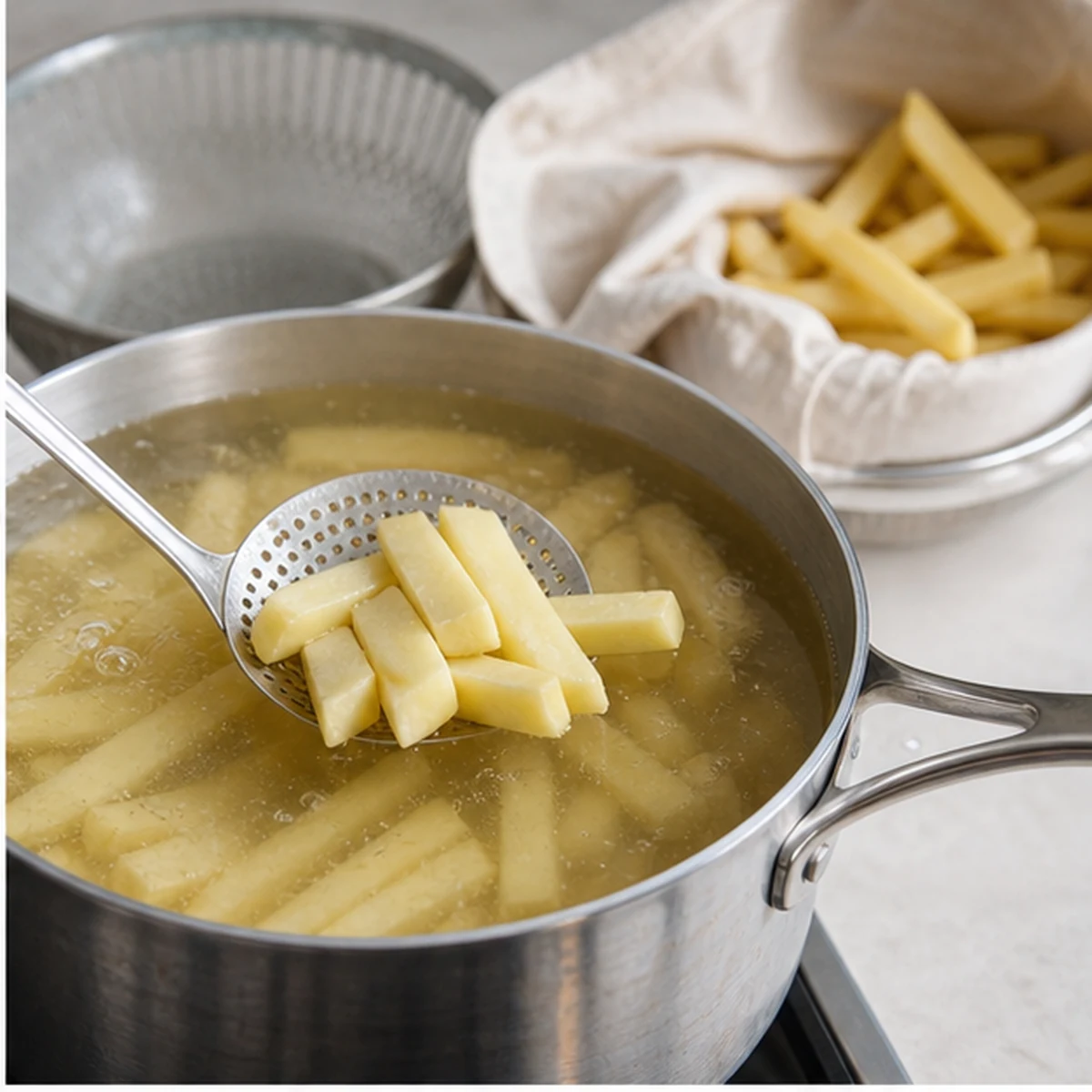 Par-cook for Beef-Tallow Fries, showing the ingredients and preparation at this stage