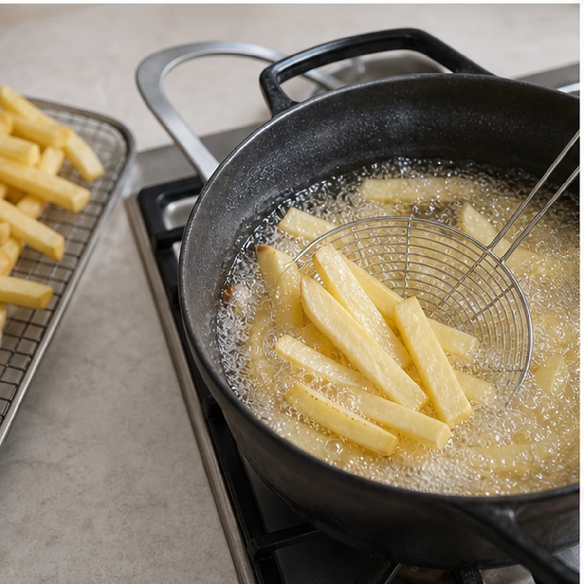 First fry for Beef-Tallow Fries, showing the ingredients and preparation at this stage