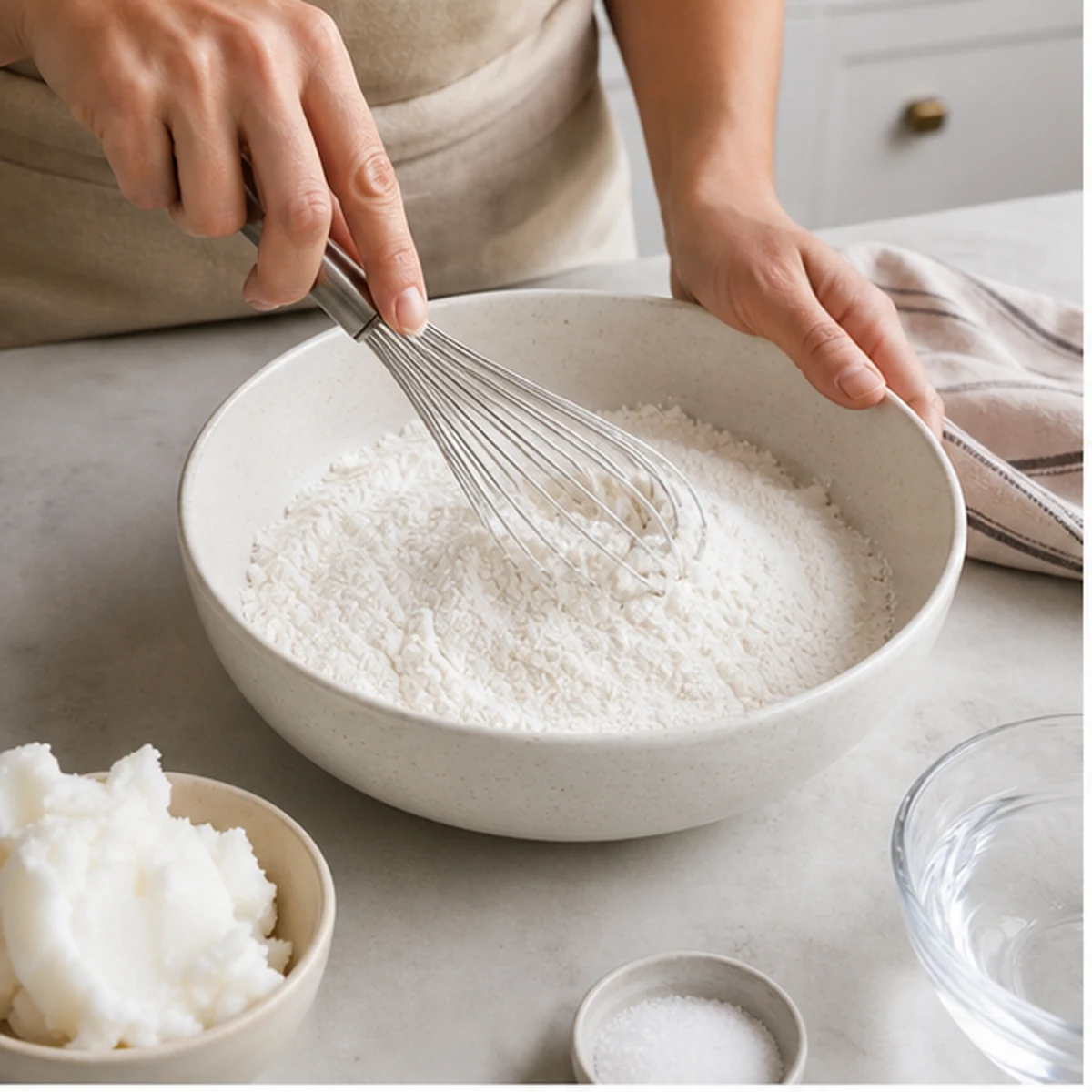 Mix the dry ingredients for Beef-Tallow Pie Crust, showing the ingredients and preparation at this stage