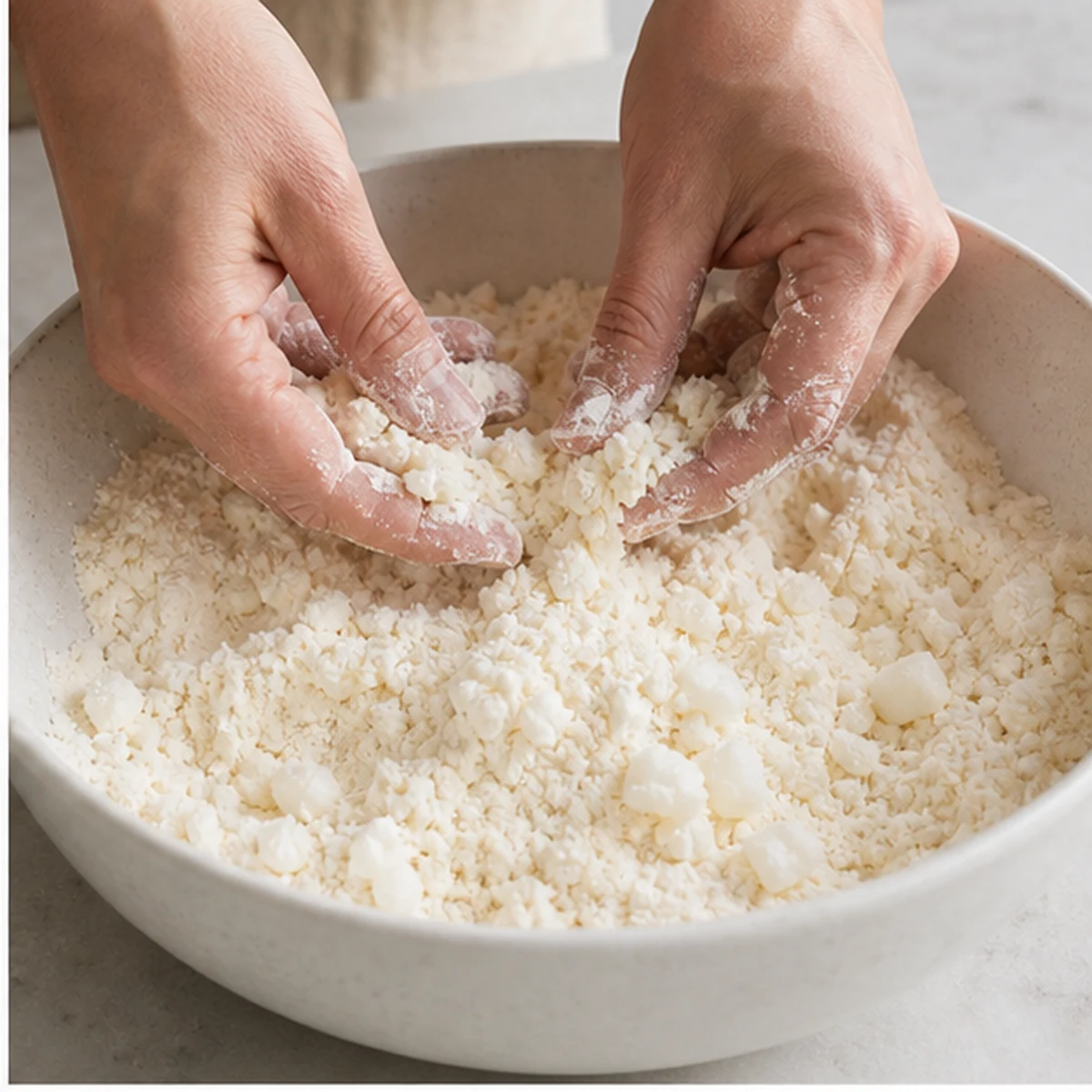 Cut in the fat for Beef-Tallow Pie Crust, showing the ingredients and preparation at this stage