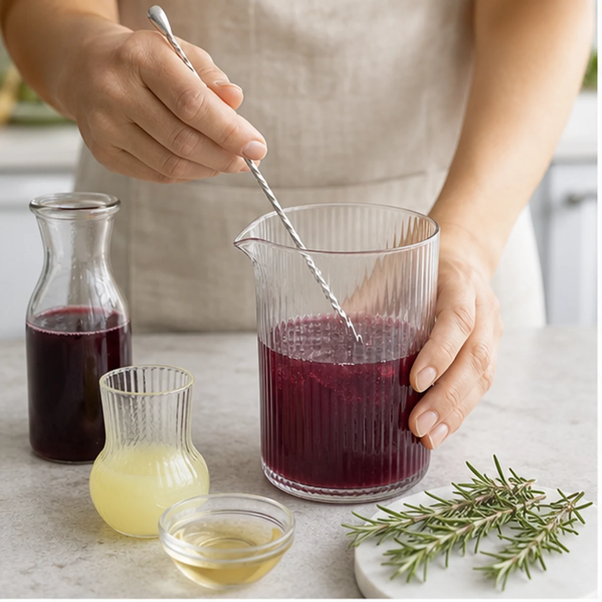 Mix the base for Black Currant Rosemary Spritz, showing the ingredients and preparation at this stage