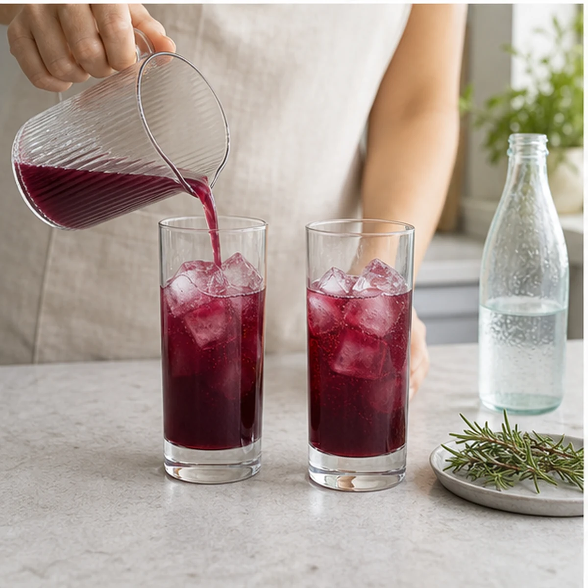 Pour for Black Currant Rosemary Spritz, showing the ingredients and preparation at this stage