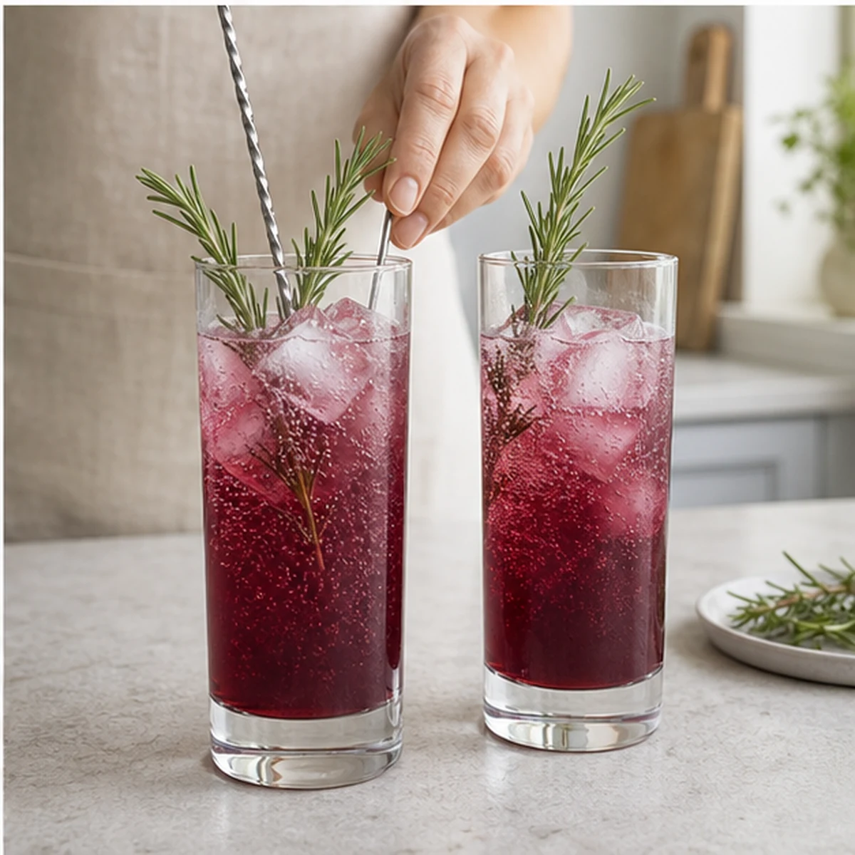 Garnish for Black Currant Rosemary Spritz, showing the ingredients and preparation at this stage