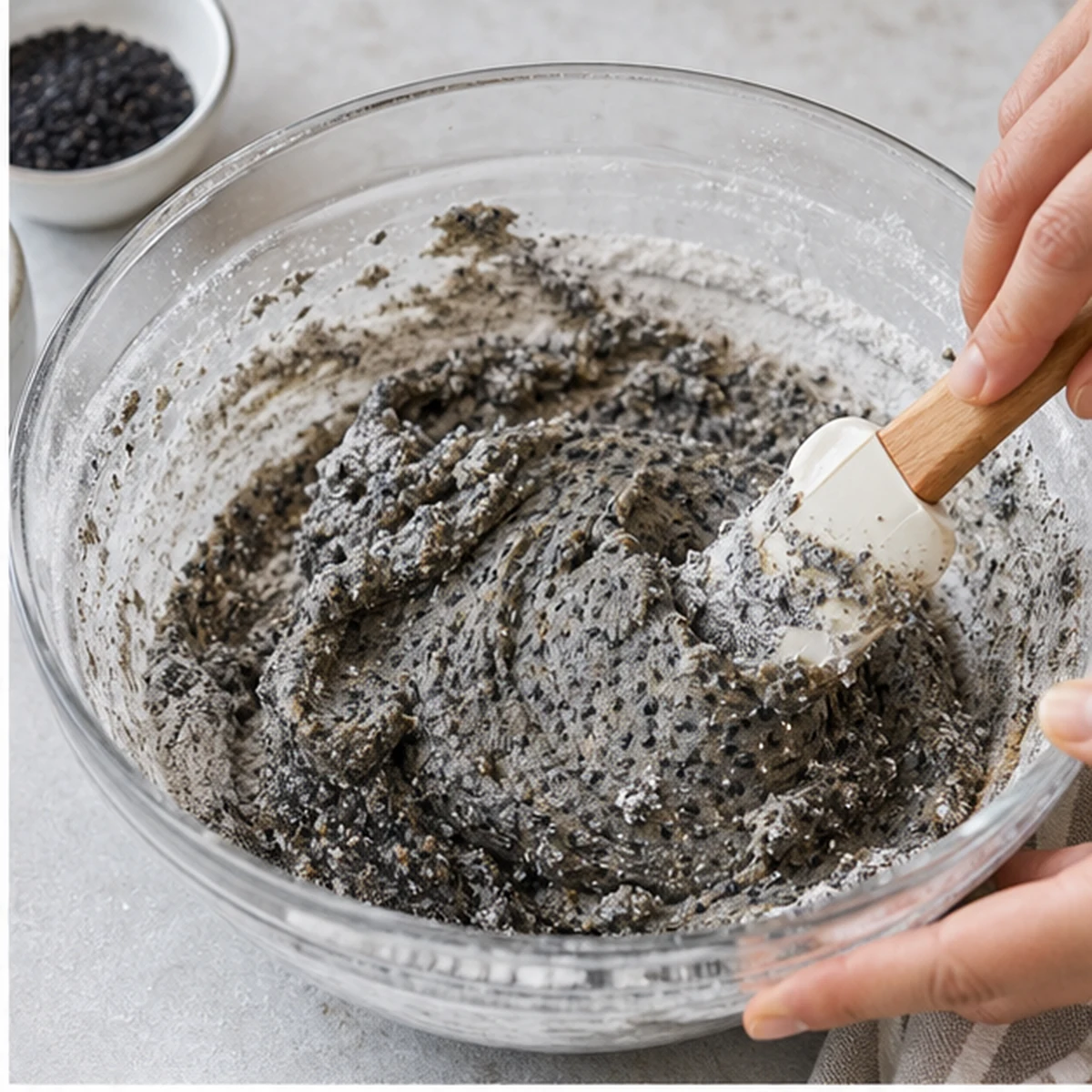 Make the dough for Black Sesame Cookies, showing the ingredients and preparation at this stage