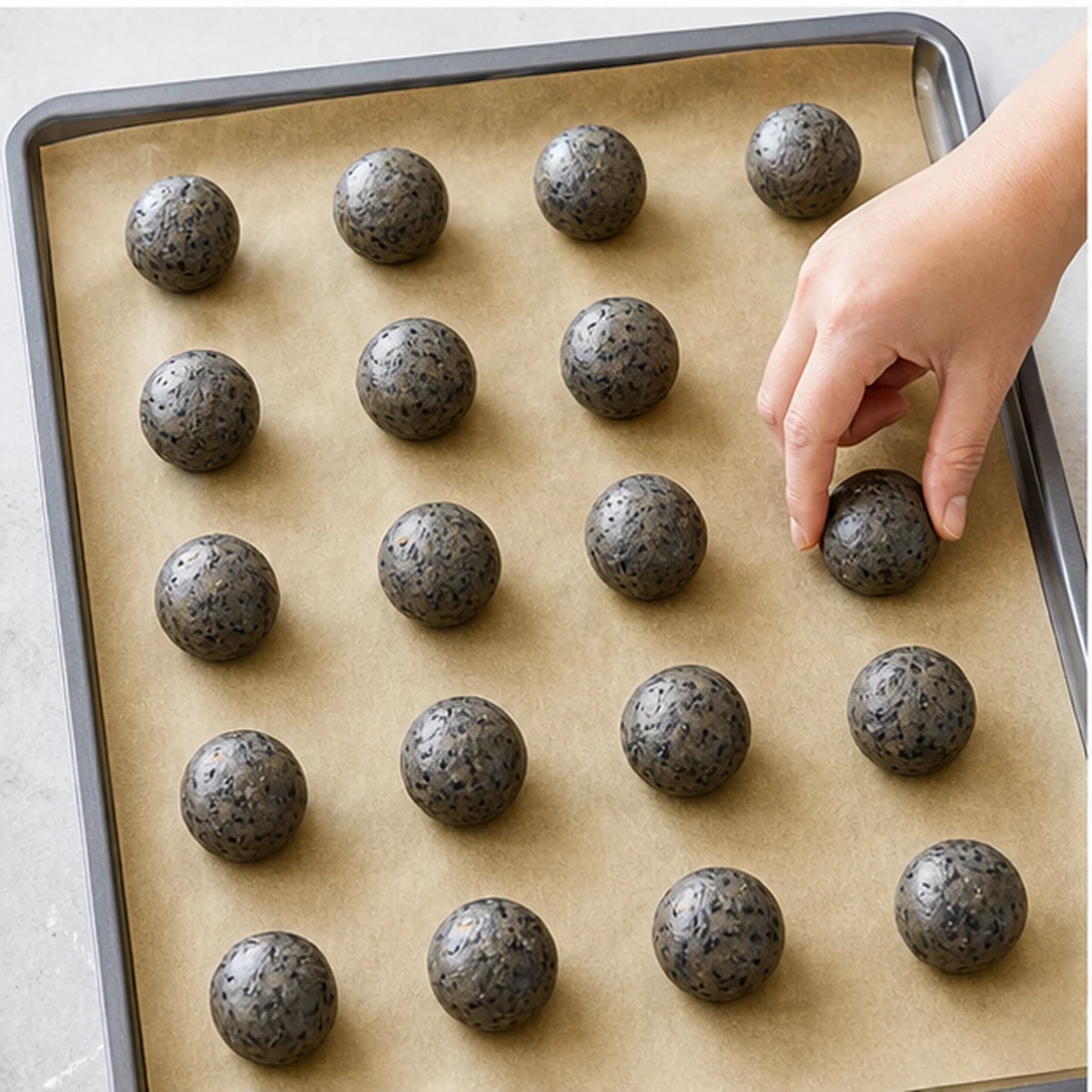 Chill and shape for Black Sesame Cookies, showing the ingredients and preparation at this stage