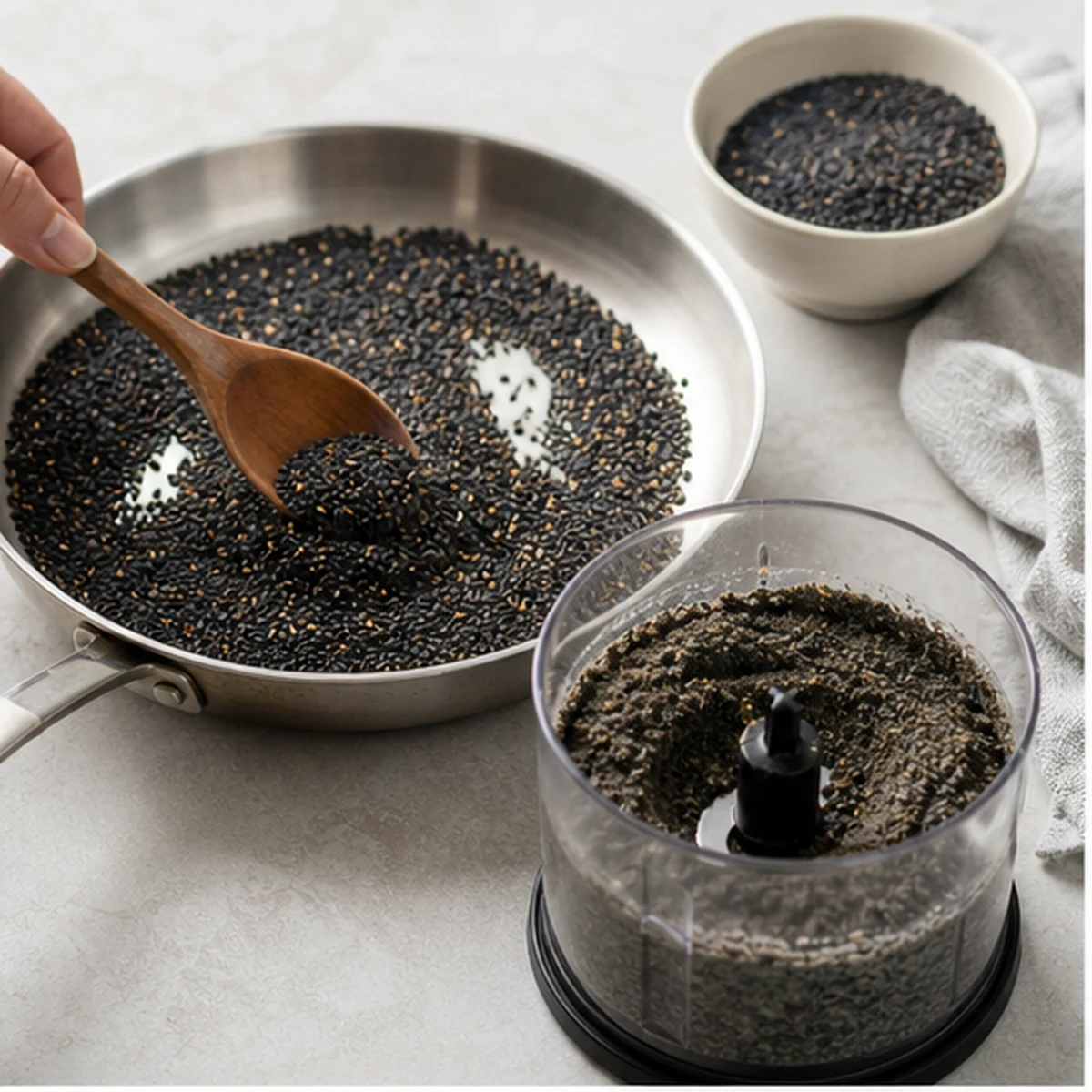 Toast and grind for Black Sesame Ice Cream, showing the ingredients and preparation at this stage