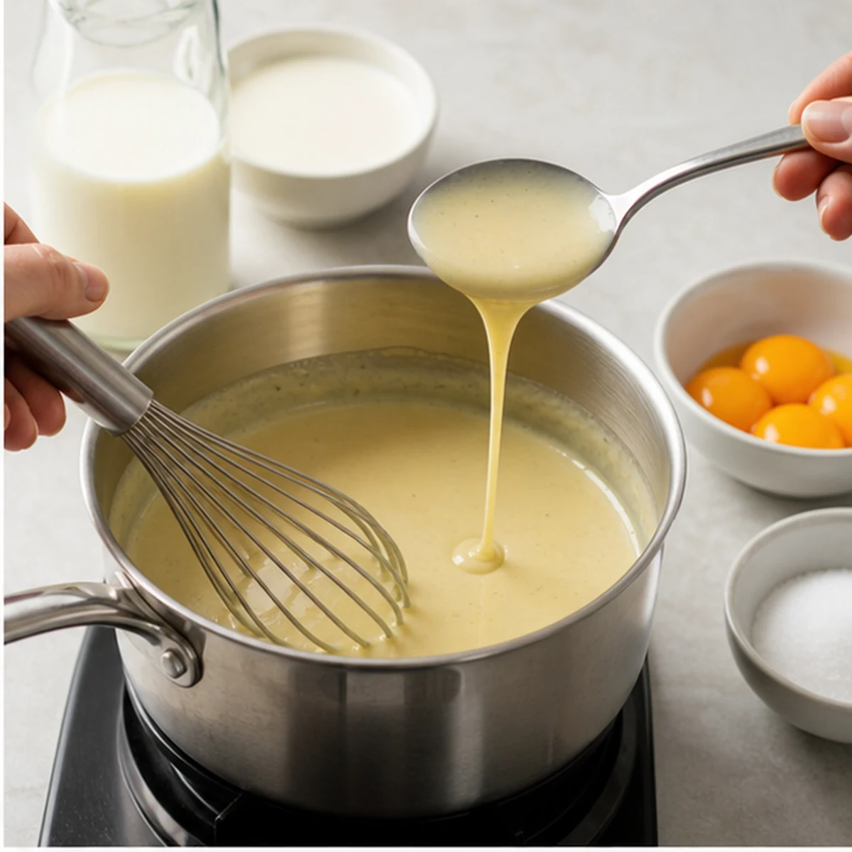 Make the custard for Black Sesame Ice Cream, showing the ingredients and preparation at this stage