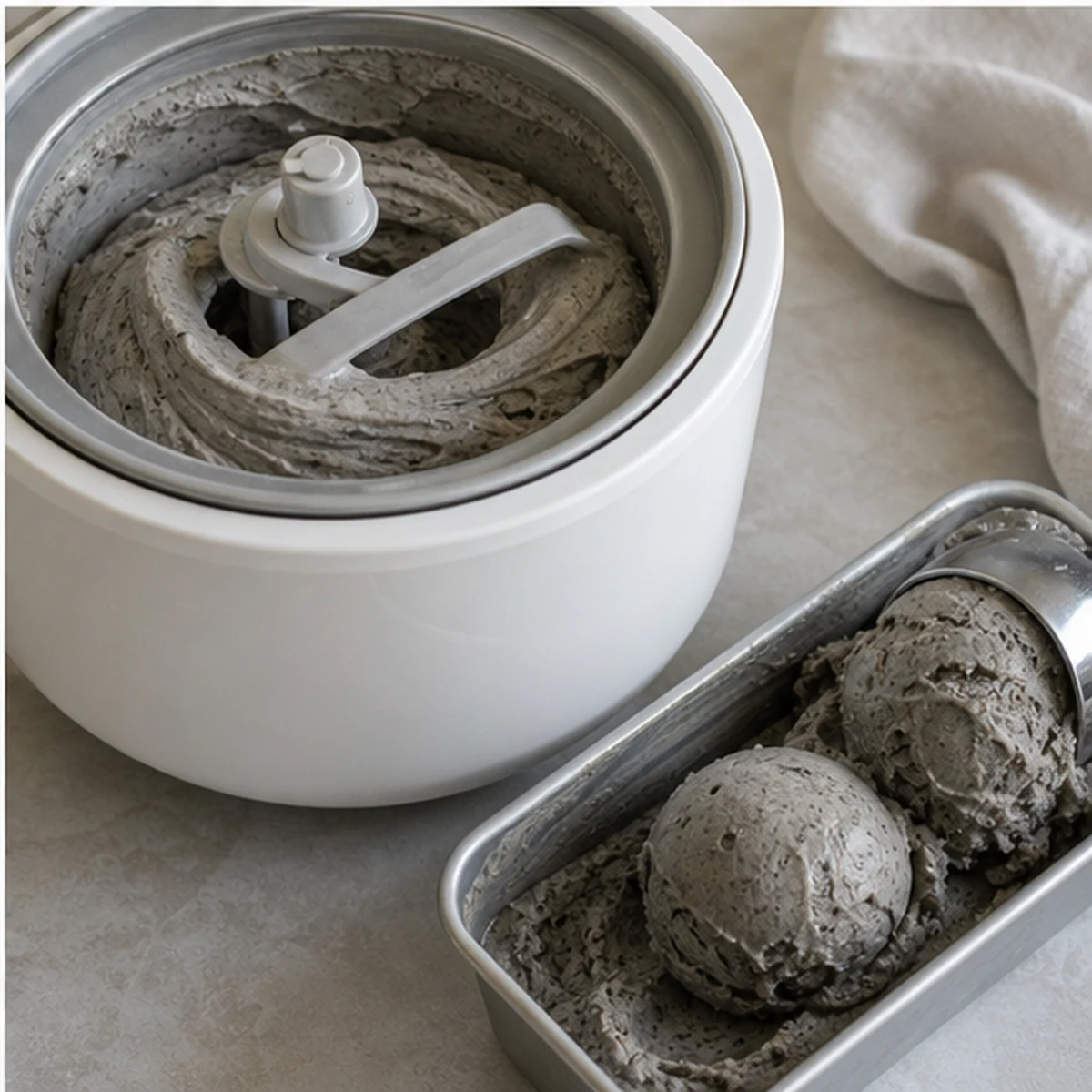Churn for Black Sesame Ice Cream, showing the ingredients and preparation at this stage