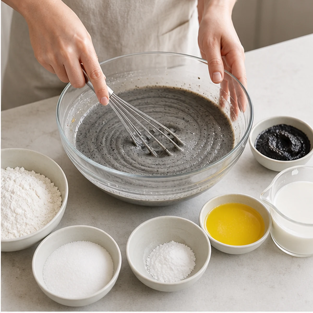 Mix for Black Sesame Mochi Squares, showing the ingredients and preparation at this stage