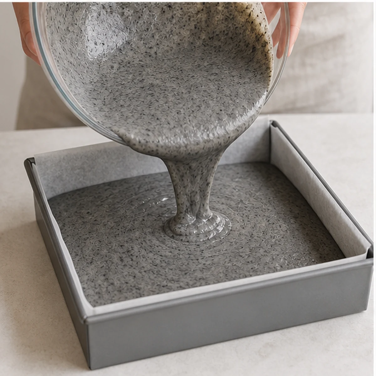 Bake for Black Sesame Mochi Squares, showing the ingredients and preparation at this stage