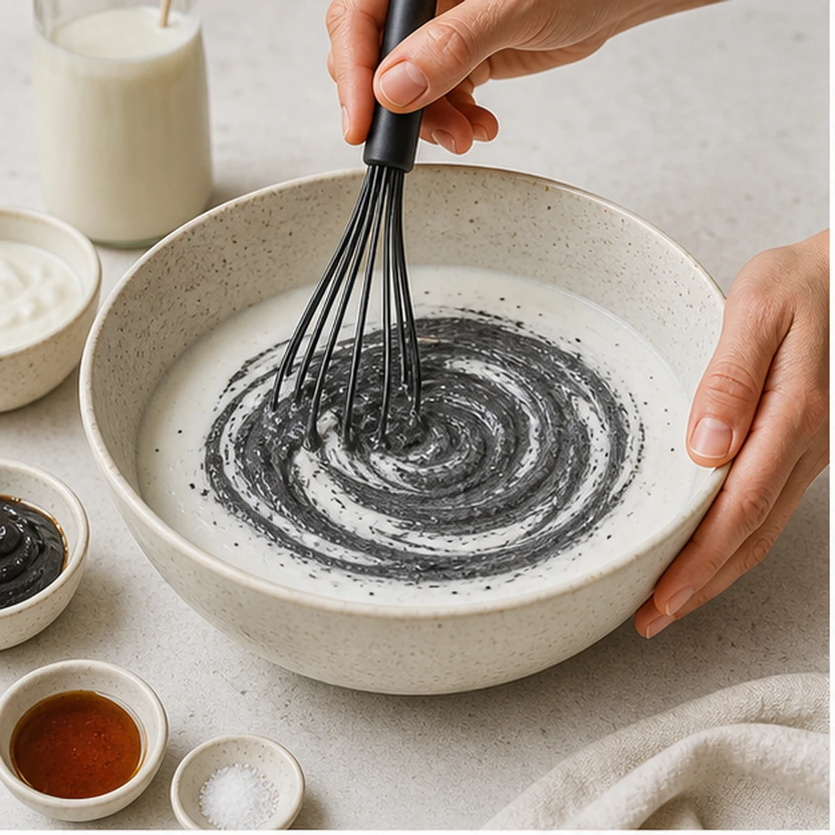 Whisk the base for Black Sesame Overnight Oats, showing the ingredients and preparation at this stage