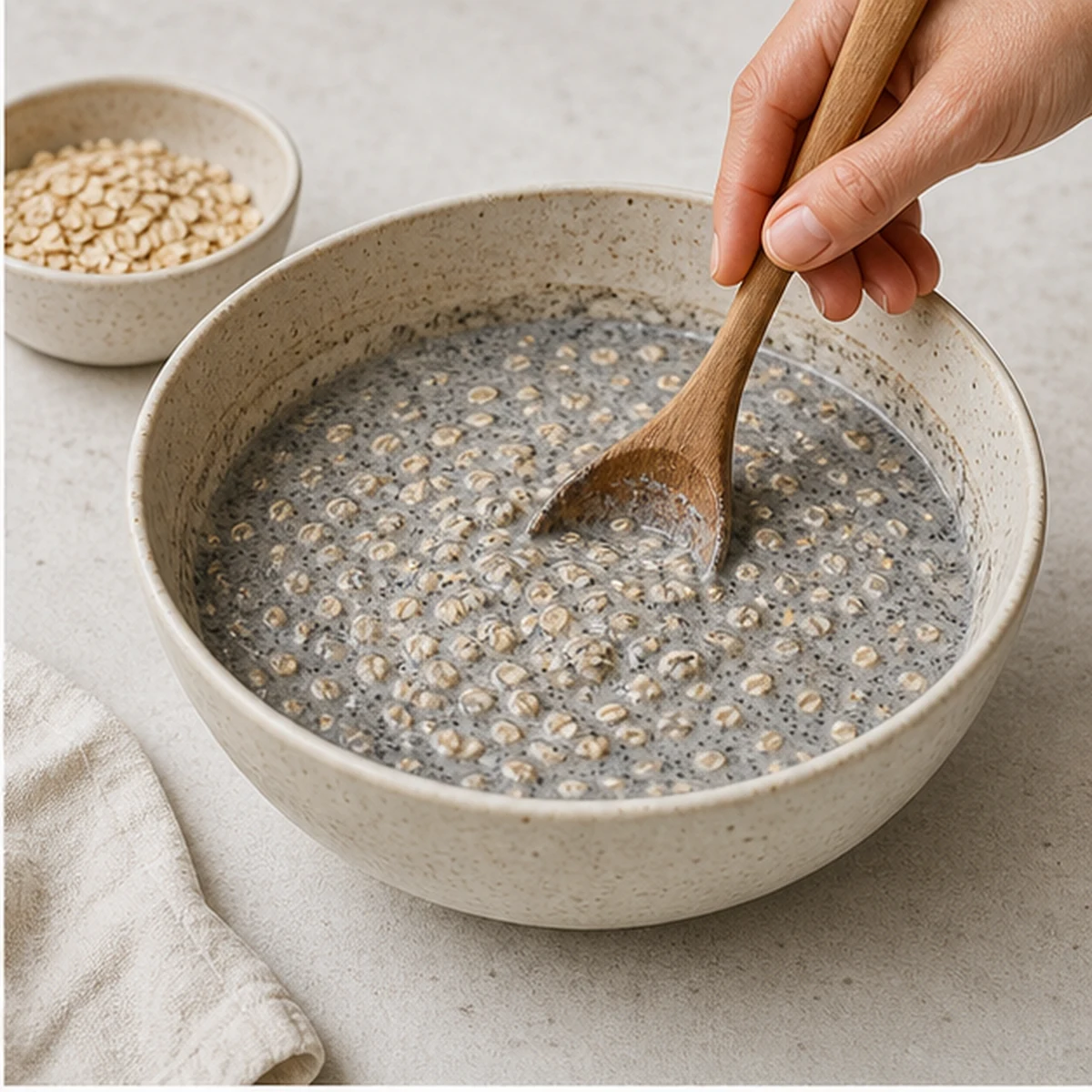Add oats for Black Sesame Overnight Oats, showing the ingredients and preparation at this stage