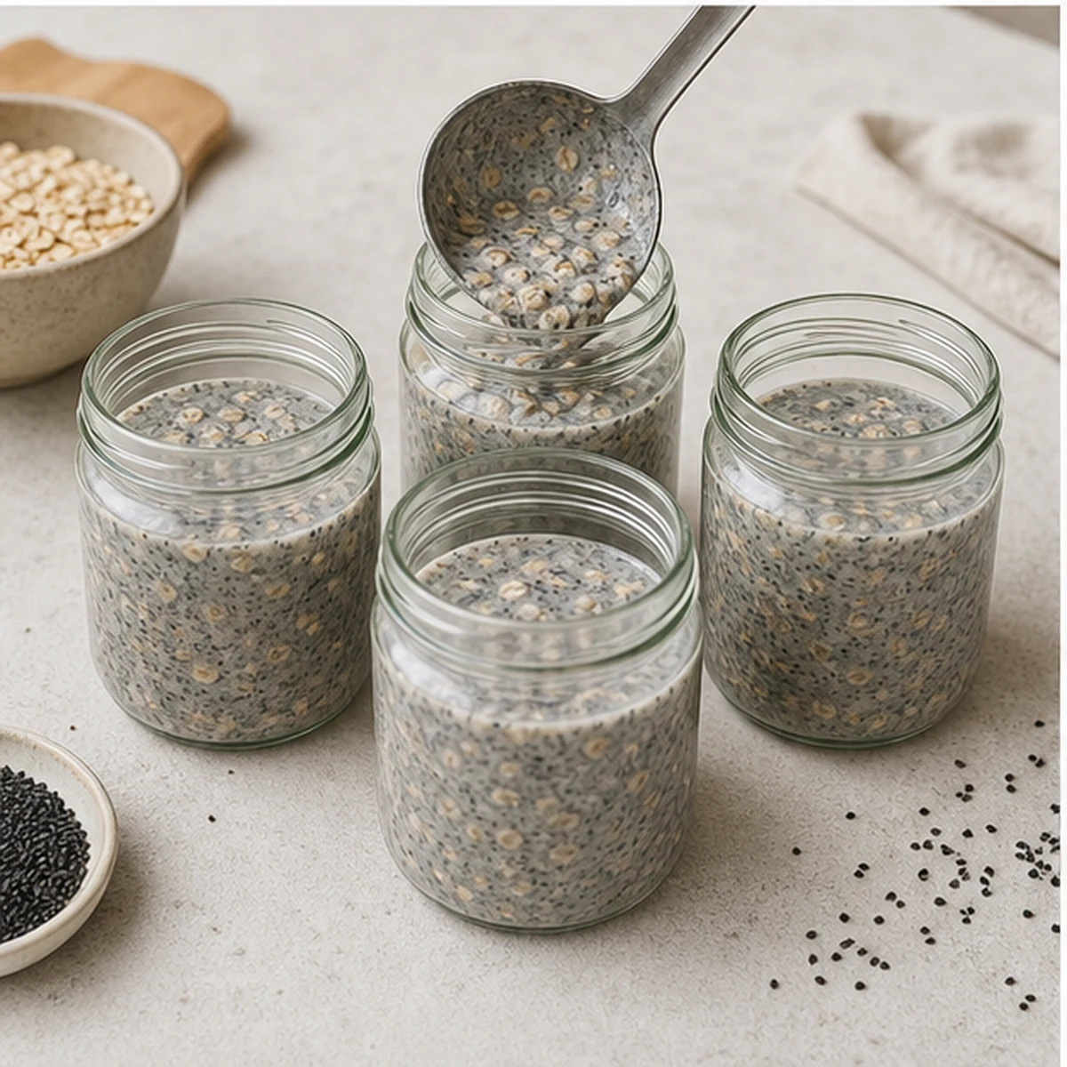 Portion for Black Sesame Overnight Oats, showing the ingredients and preparation at this stage