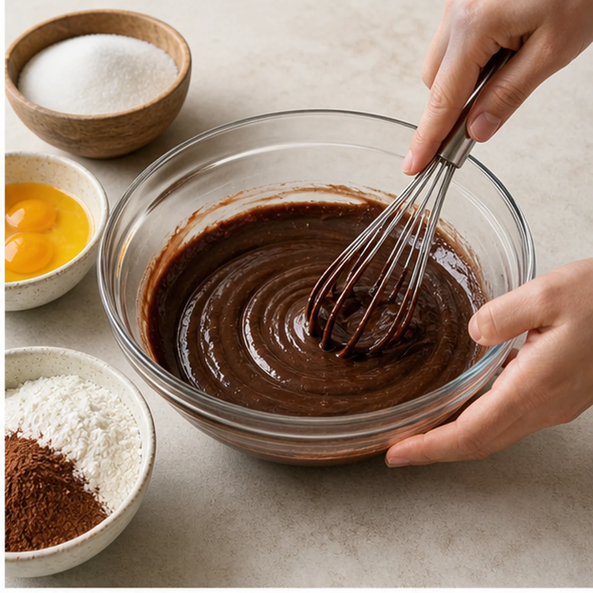 Make the batter for Black Sesame Tahini Brownies, showing the ingredients and preparation at this stage