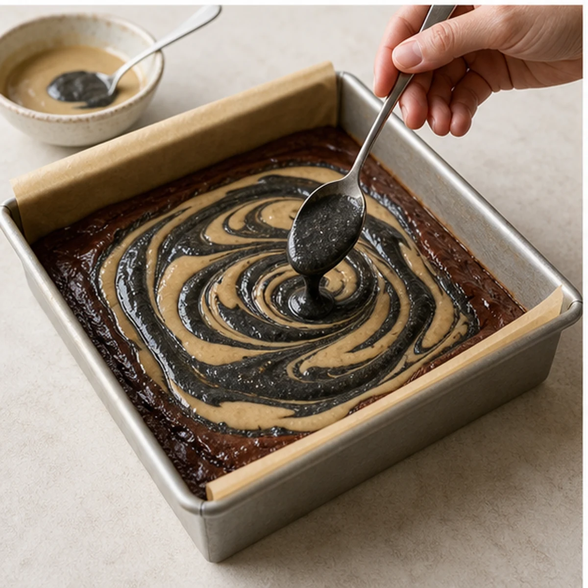 Swirl for Black Sesame Tahini Brownies, showing the ingredients and preparation at this stage