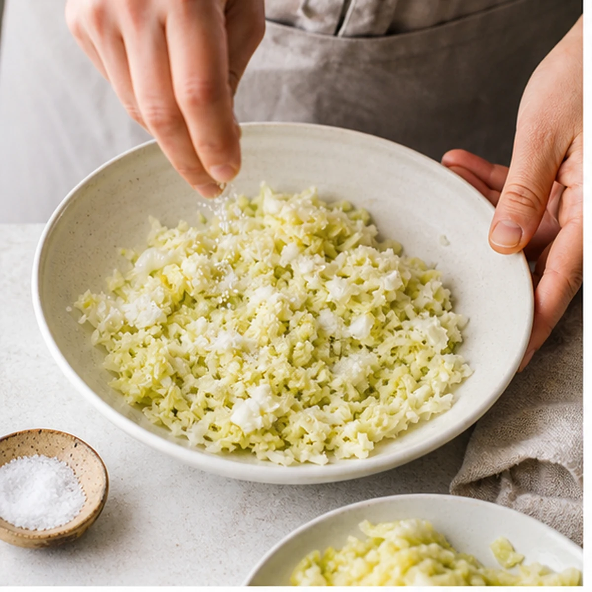 Salt the cabbage for Crispy Cabbage Dumplings, showing the ingredients and preparation at this stage