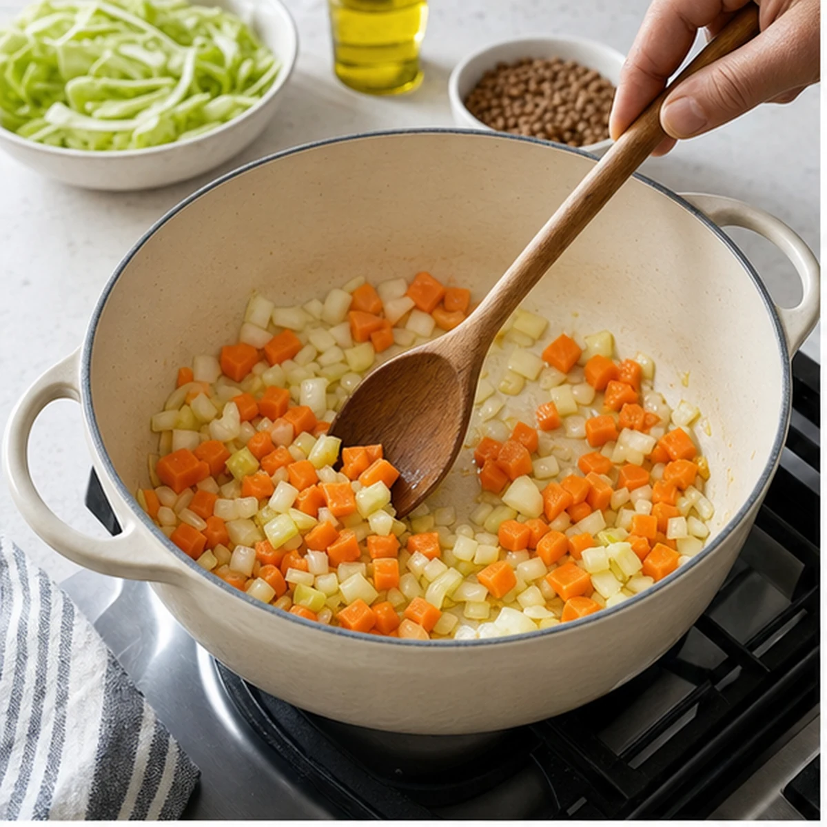 Soften the vegetables for Cabbage Lentil Soup, showing the ingredients and preparation at this stage
