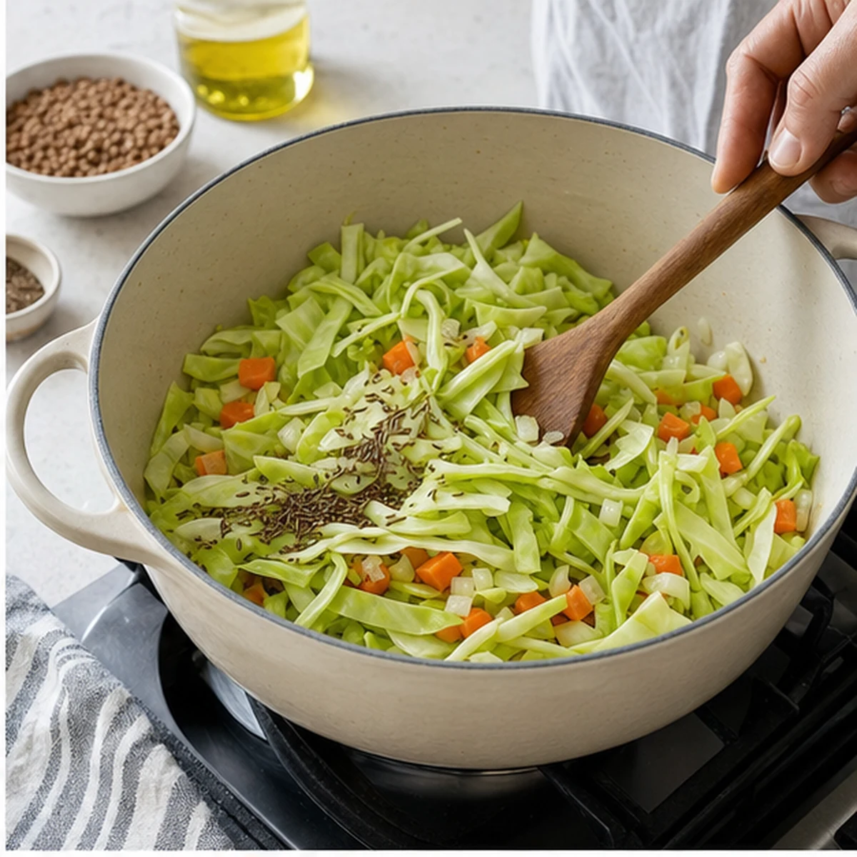 Add the cabbage for Cabbage Lentil Soup, showing the ingredients and preparation at this stage