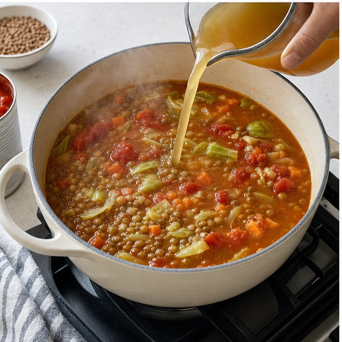 Simmer for Cabbage Lentil Soup, showing the ingredients and preparation at this stage