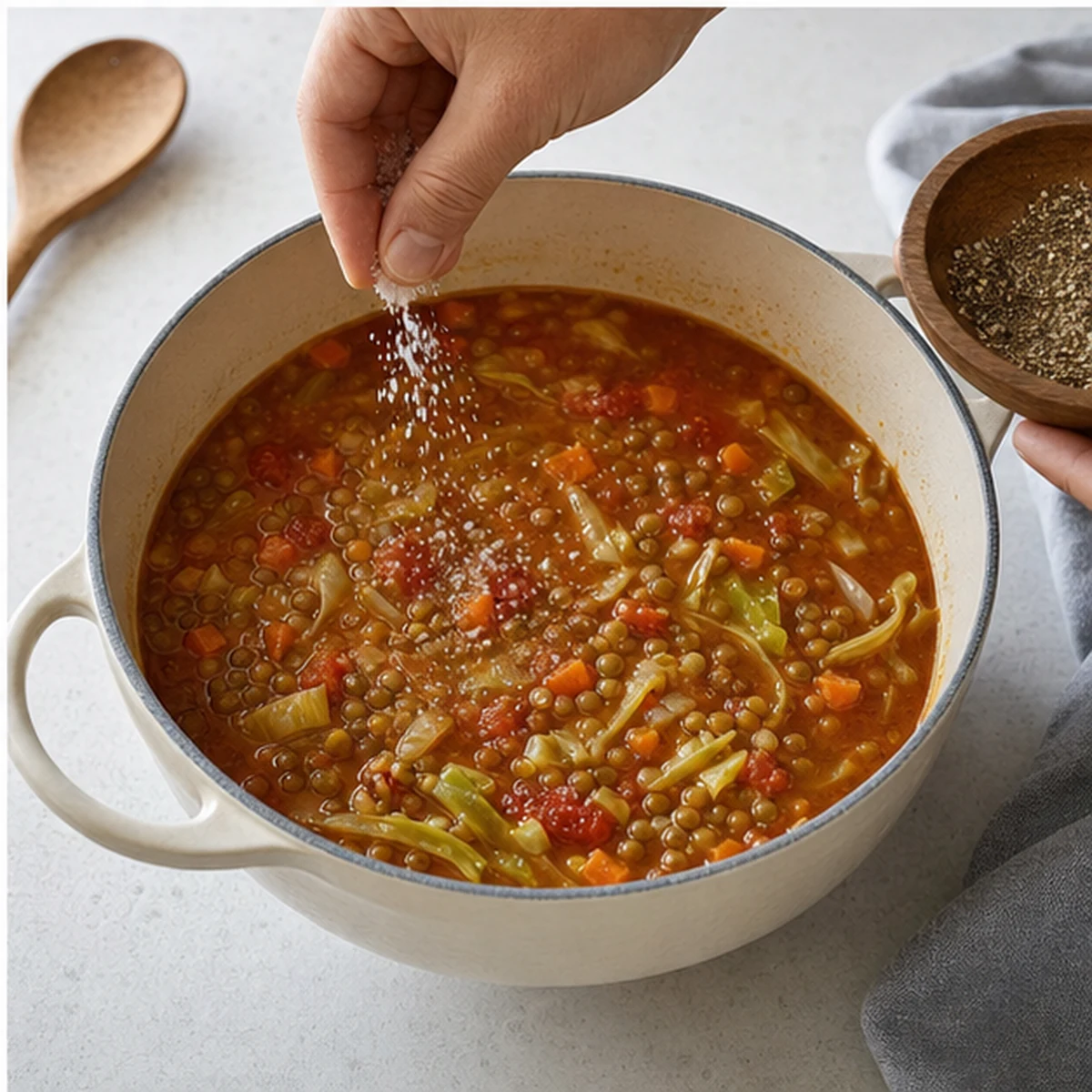 Season for Cabbage Lentil Soup, showing the ingredients and preparation at this stage